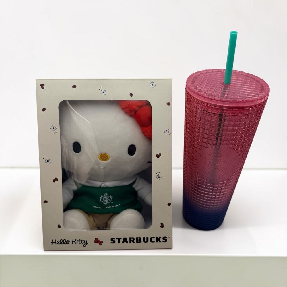 Starbucks Hello Kitty Plush + Pink Blue 24 oz Tumbler Sanrio Gift Bundle
